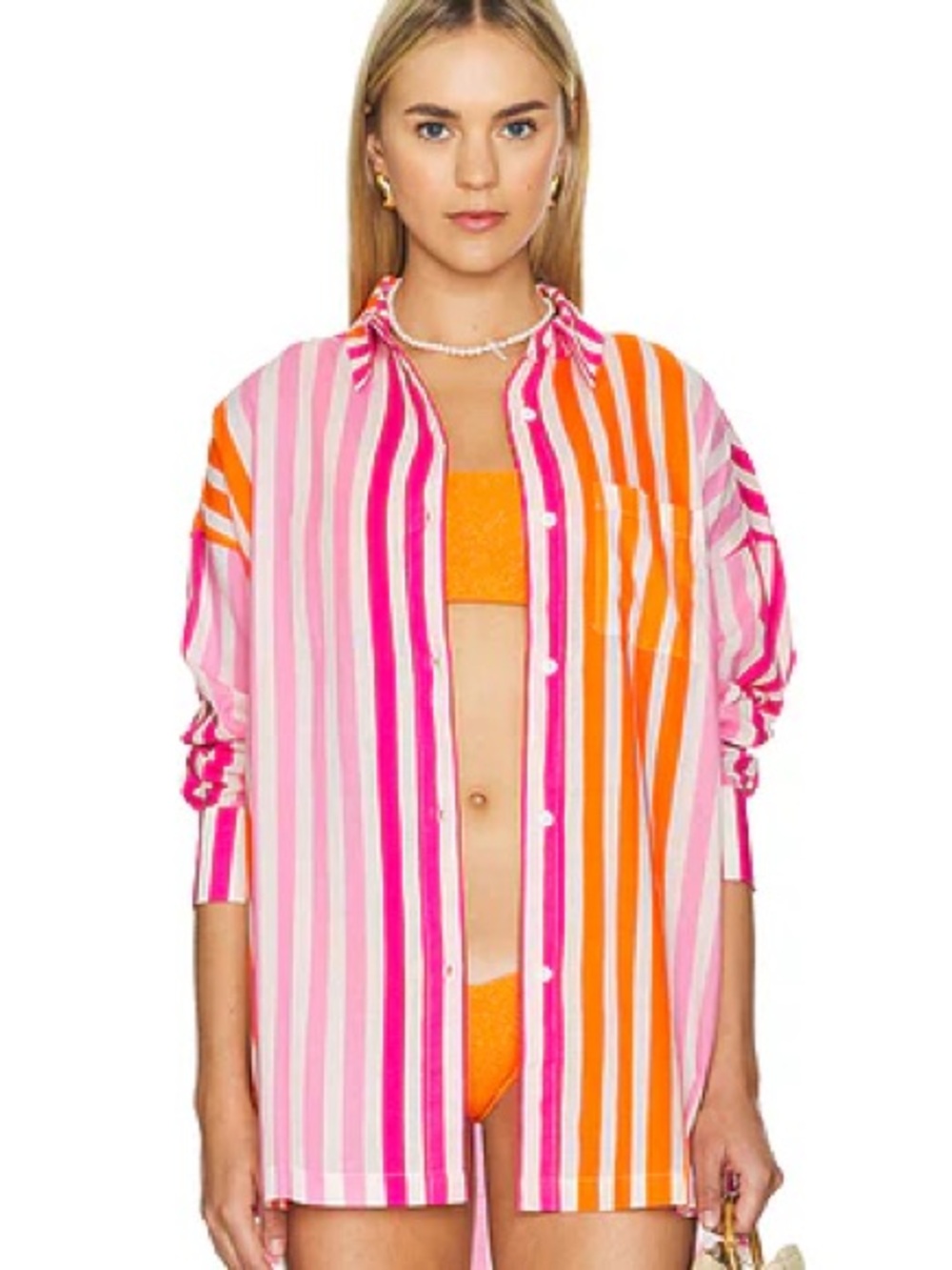 Beach Riot Striped Button-Up Coverup in Pink & Orange